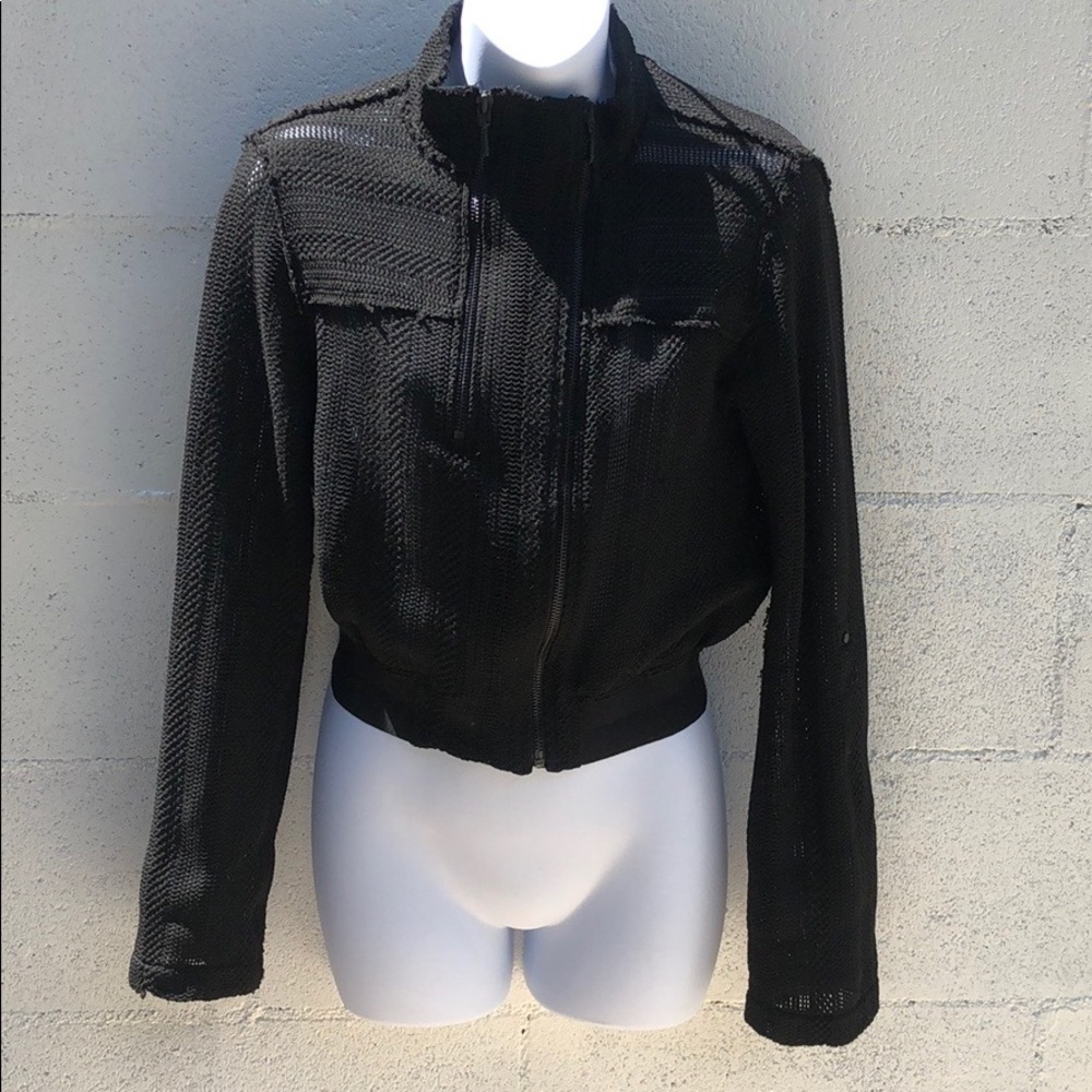 Elie Tahari black open weave light biker jacket